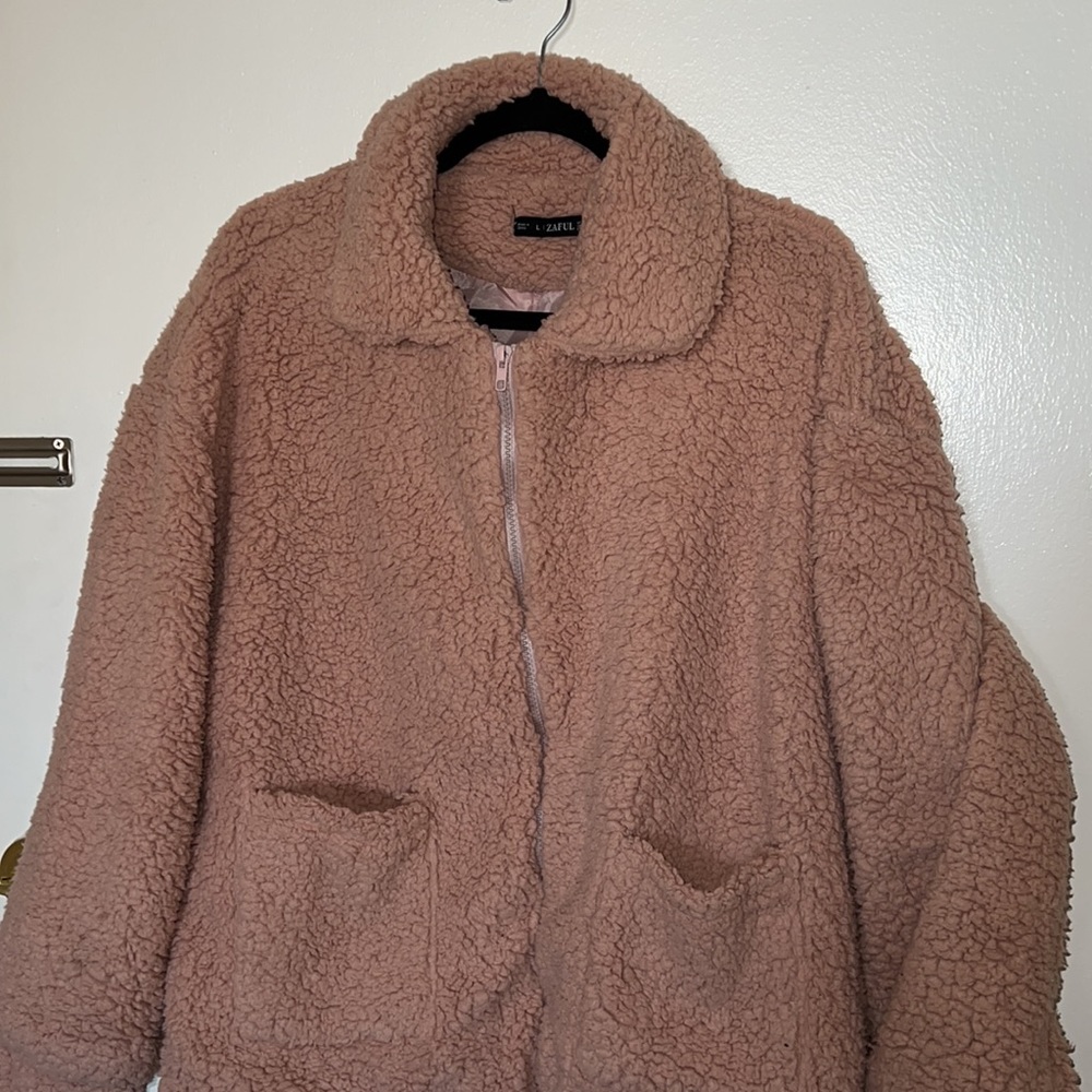 ZAFUL X Yasmine Bateman Pocket Zipper Drop Shoulder Fluffy Teddy Coat - Pink L - Picture 10 of 11
